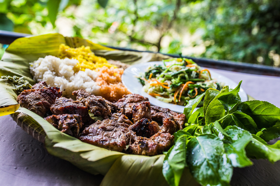 Three coloured sticky rice and grilled pork are local specialties