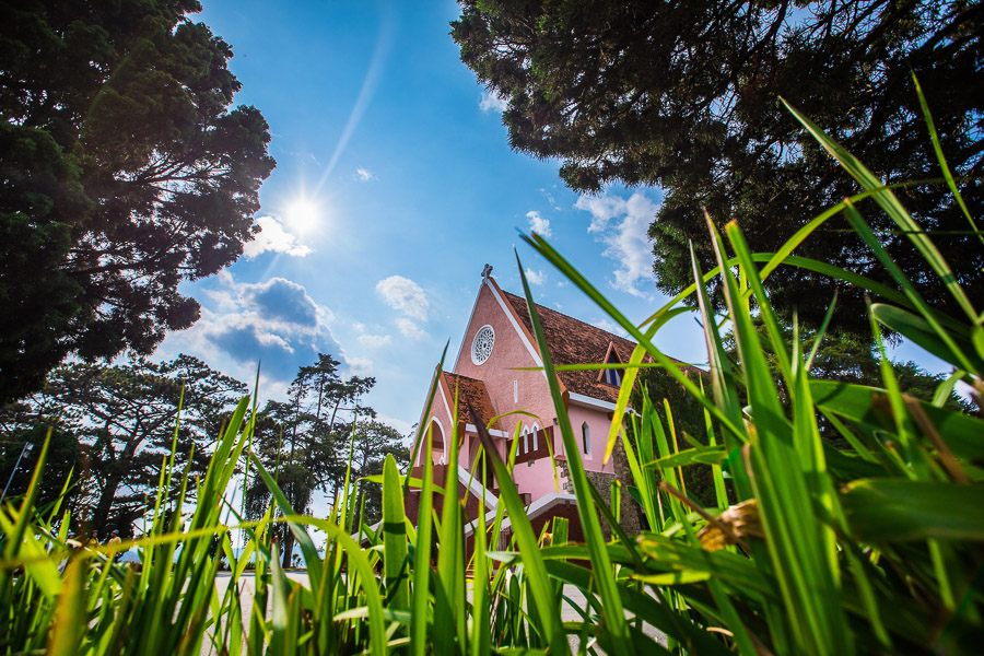 The pink Domaine de Marie church is a relic of 17th-century French architecture in Dalat.